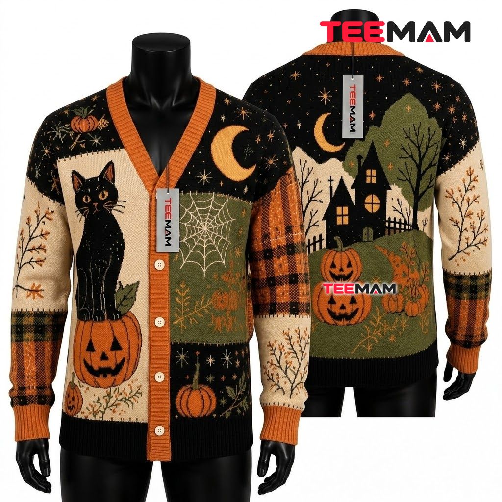 Rustic Halloween Cardigan Black Cat House 1