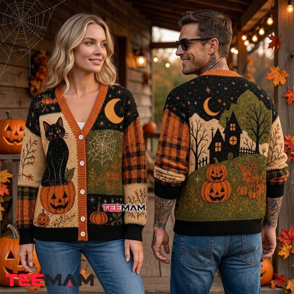 Rustic Halloween Cardigan Black Cat House 2 Rustic Halloween Cardigan Black Cat House 2