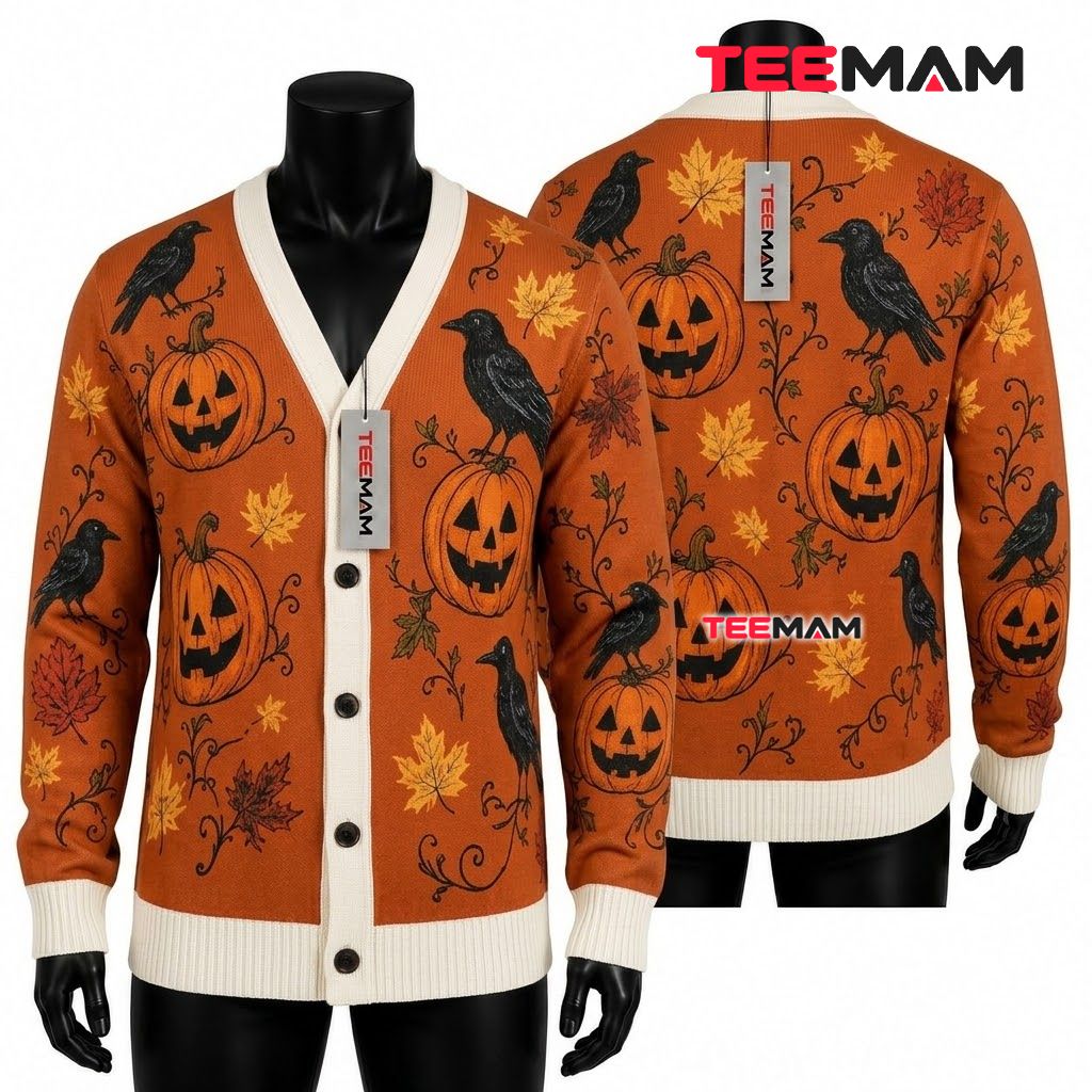 Rustic Halloween Cardigan Pumpkin Crow Autumn Leaves 1
