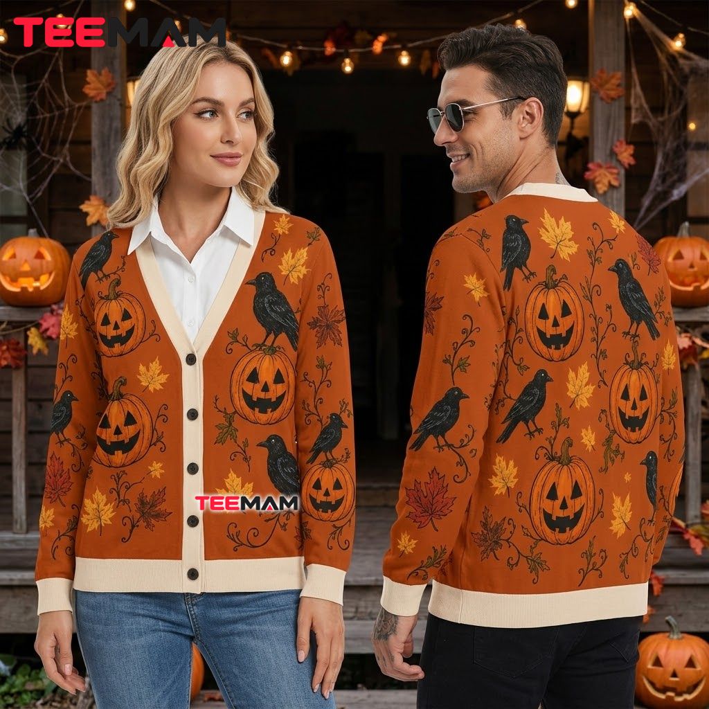 Rustic Halloween Cardigan Pumpkin Crow Autumn Leaves 2 Rustic Halloween Cardigan Pumpkin Crow Autumn Leaves 2