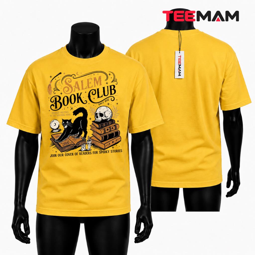 Salem Book Club Witchy Black Cat Halloween Graphic T-Shirt