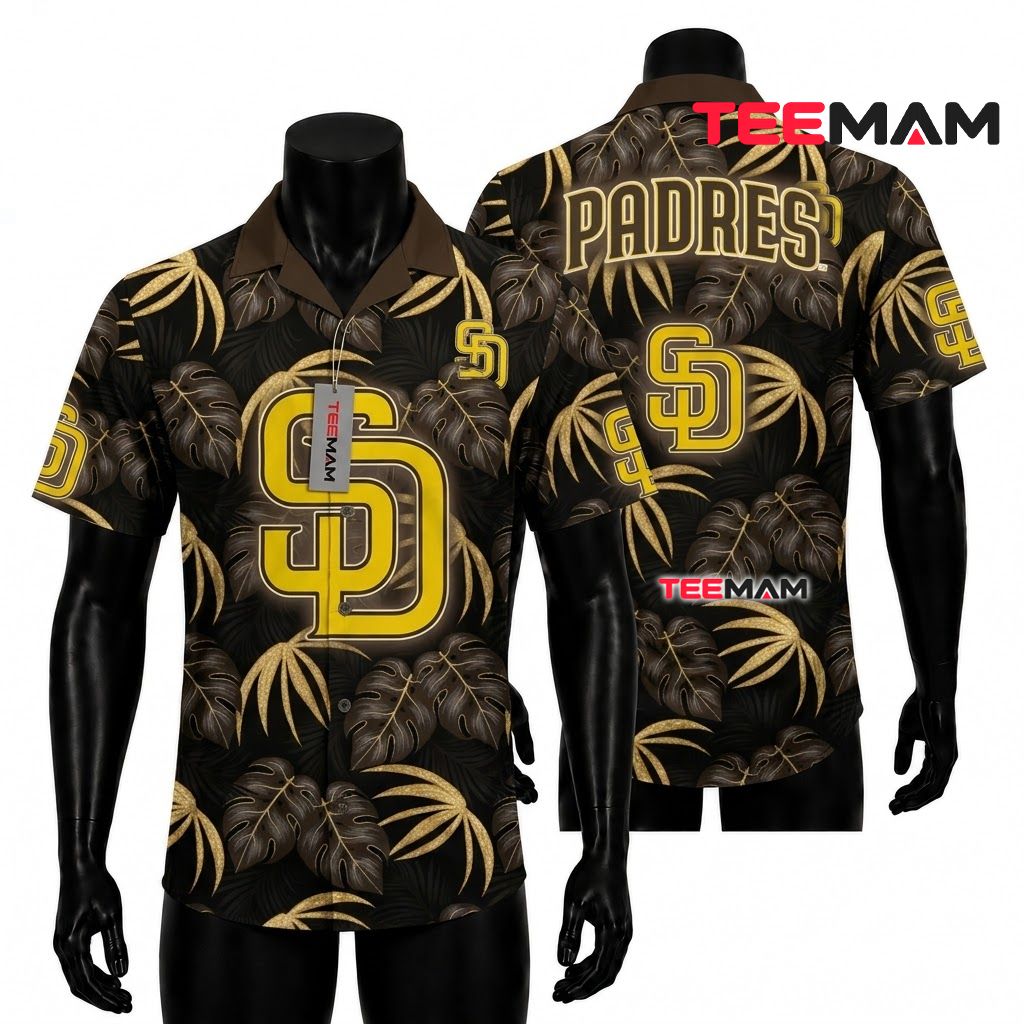 San Diego Padres Hawaiian Shirt Gold Monstera Front