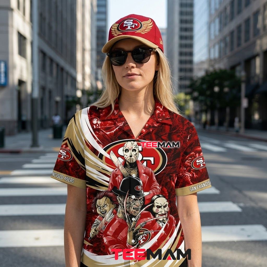 San Francisco 49ers Hawaiian Shirt Horror Characters Back San Francisco 49ers Hawaiian Shirt Horror Characters Back