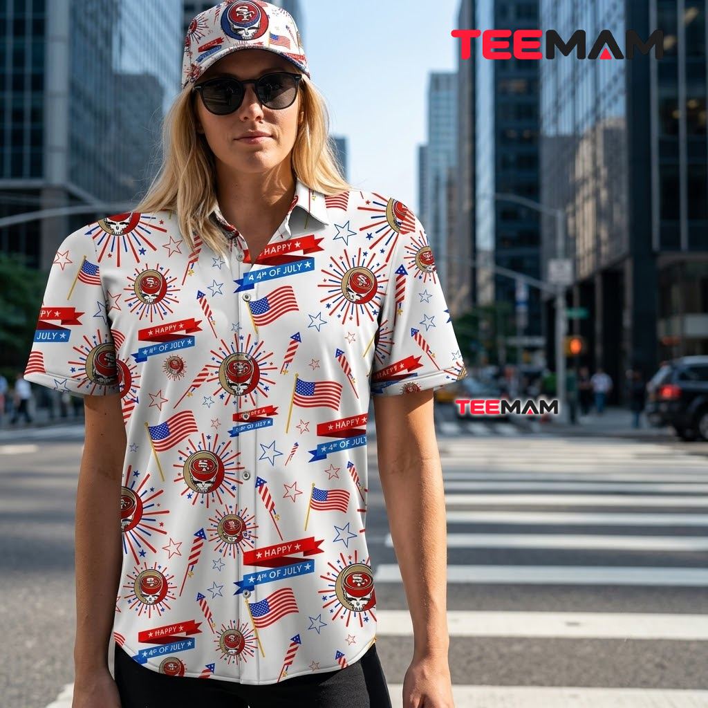San Francisco 49ers Hawaiian Shirt Patriotic Fireworks Back San Francisco 49ers Hawaiian Shirt Patriotic Fireworks Back