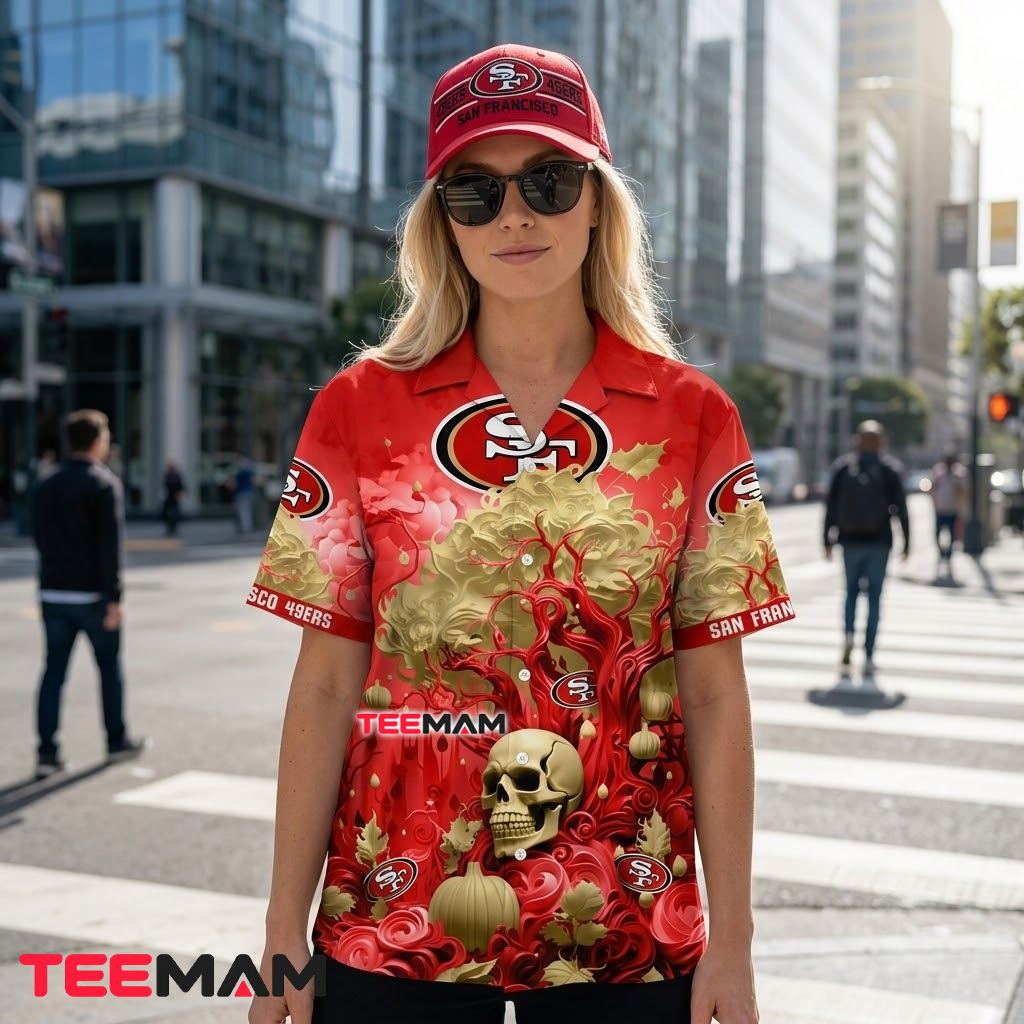 San Francisco 49ers Hawaiian Shirt Skull Gothic Back San Francisco 49ers Hawaiian Shirt Skull Gothic Back