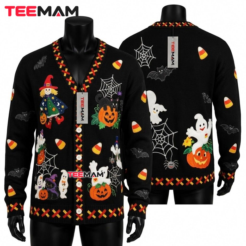 Scarecrow Halloween Cardigan Ghost Pumpkin Cat 1