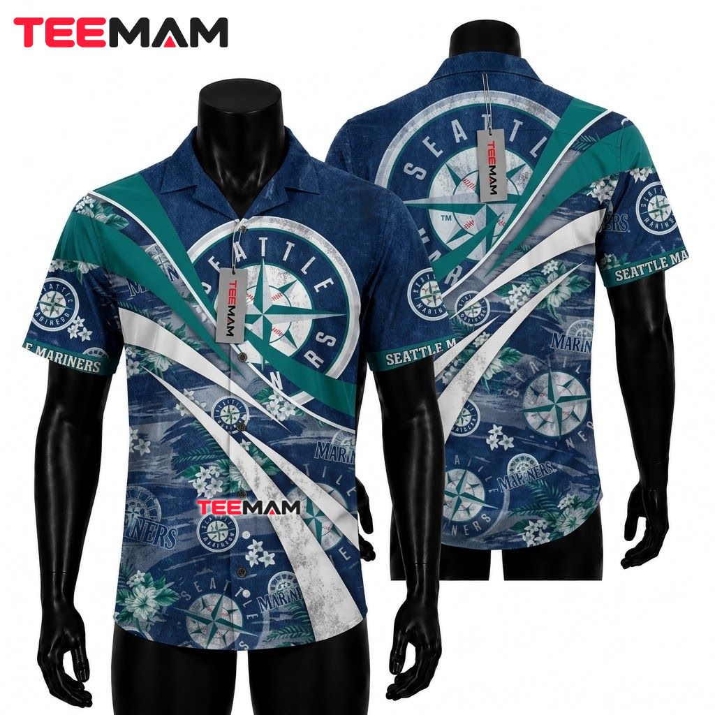 Seattle Mariners Hawaiian Shirt Curved Floral Front