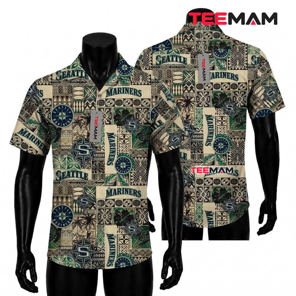 Seattle Mariners Hawaiian Shirt Tiki Patchwork Front