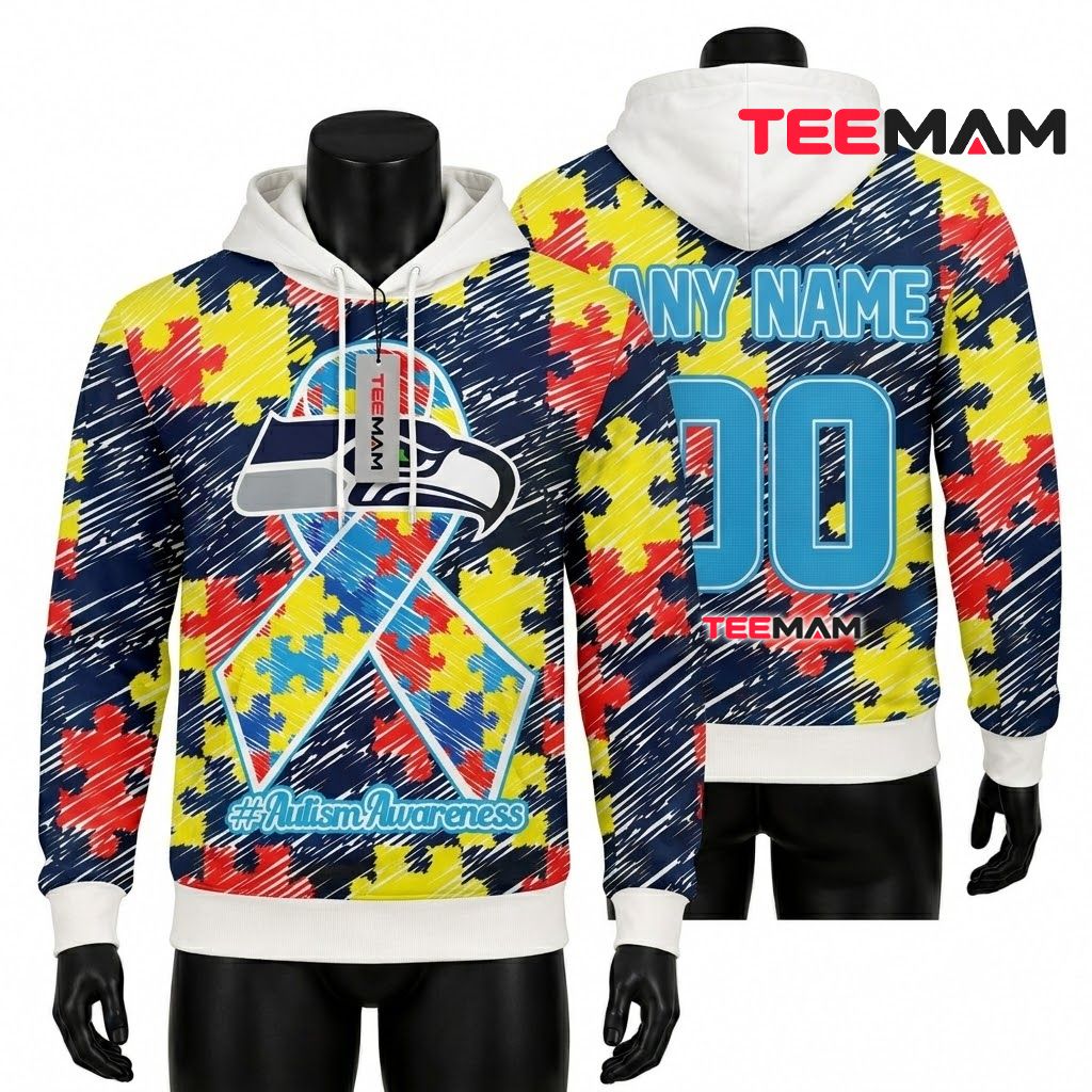 Seattle Seahawks 3D Hoodie Autism Awareness Puzzle Ribbon Front