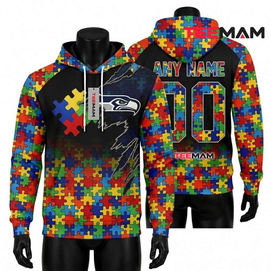 Seattle Seahawks 3D Hoodie Black Puzzle Autism Awareness Front