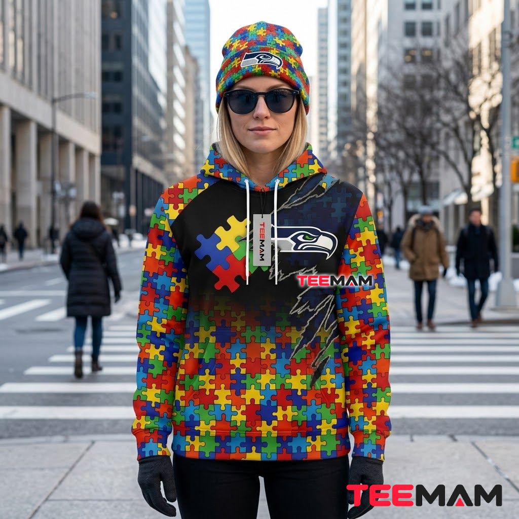Seattle Seahawks 3D Hoodie Black Puzzle Autism Awareness Back Seattle Seahawks 3D Hoodie Black Puzzle Autism Awareness Back
