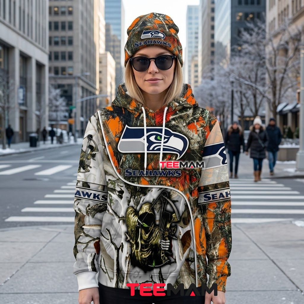Seattle Seahawks 3D Hoodie Bow Hunting Skull Camo Back Seattle Seahawks 3D Hoodie Bow Hunting Skull Camo Back