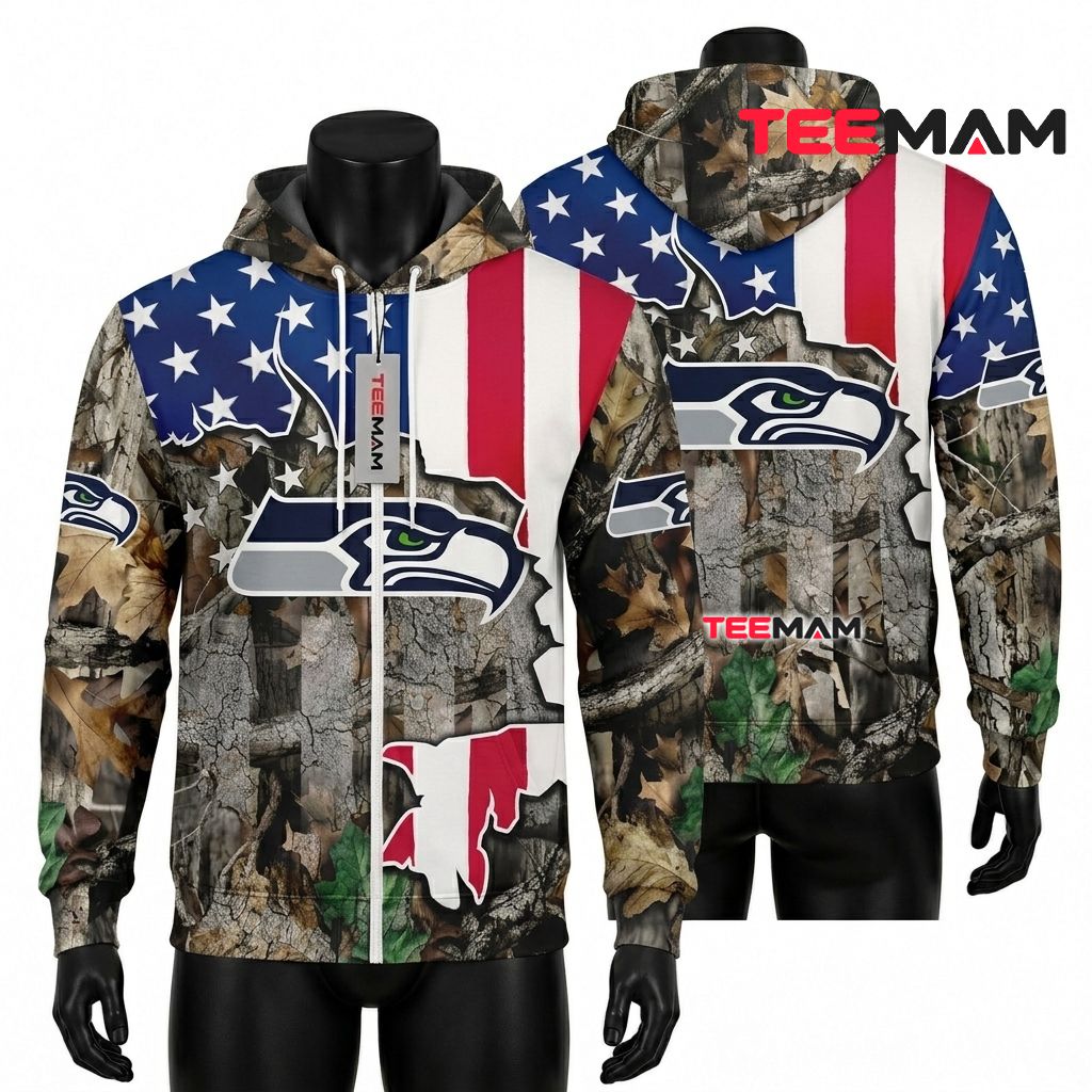 Seattle Seahawks 3D Hoodie Camo Patriotic Eagle Flag Front