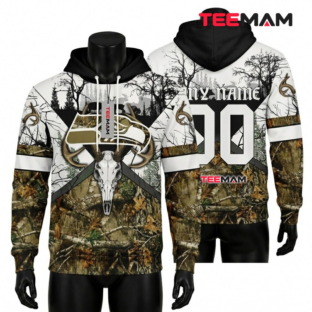 Seattle Seahawks 3D Hoodie Deer Skull Wilderness Camo Front