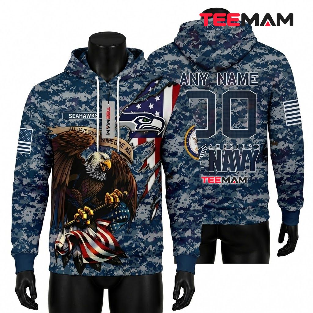 Seattle Seahawks 3D Hoodie Eagle Some Gave All Navy Camo Front