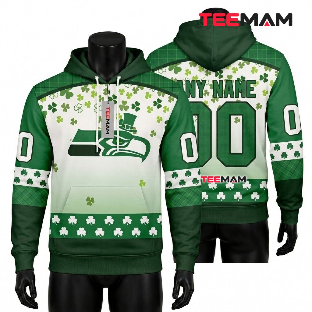 Seattle Seahawks 3D Hoodie Leprechaun Hat Tartan Plaid Front