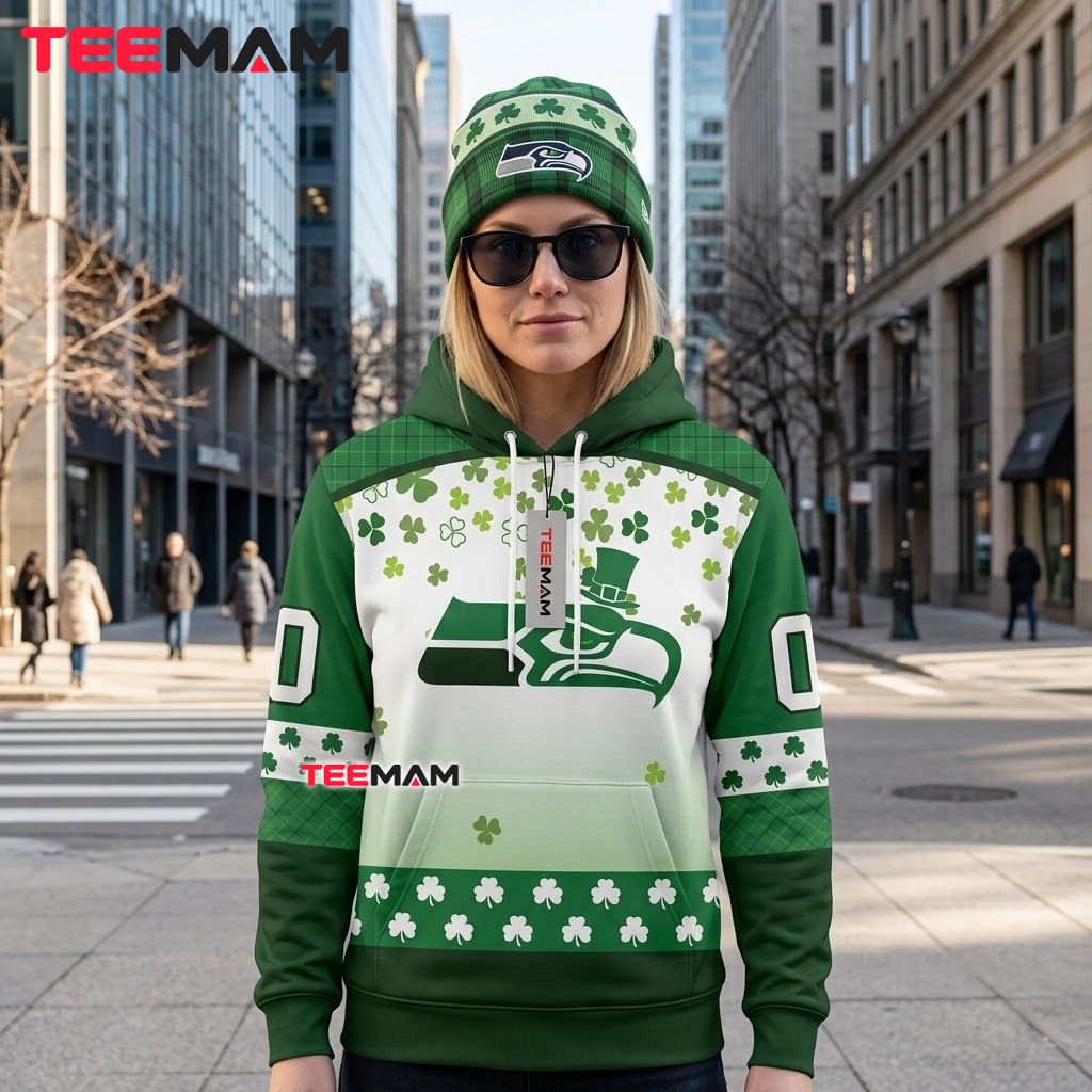 Seattle Seahawks 3D Hoodie Leprechaun Hat Tartan Plaid Back Seattle Seahawks 3D Hoodie Leprechaun Hat Tartan Plaid Back