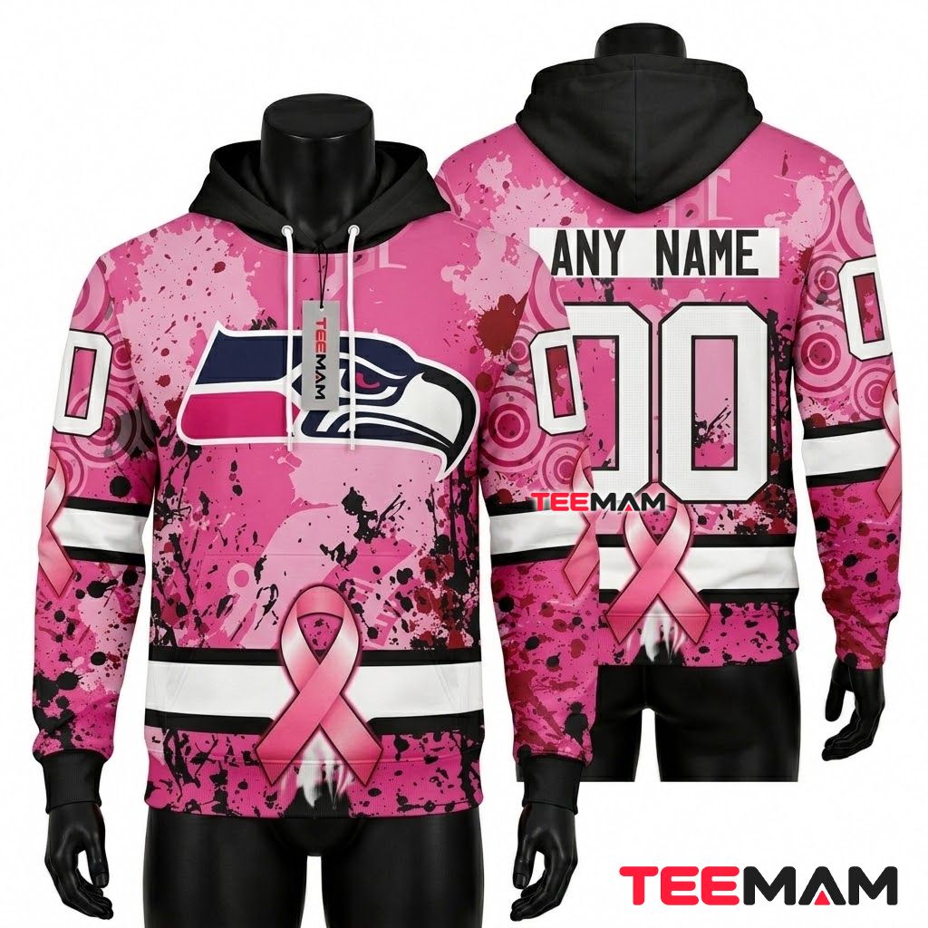 Seattle Seahawks 3D Hoodie Pink Breast Cancer Ribbon Front