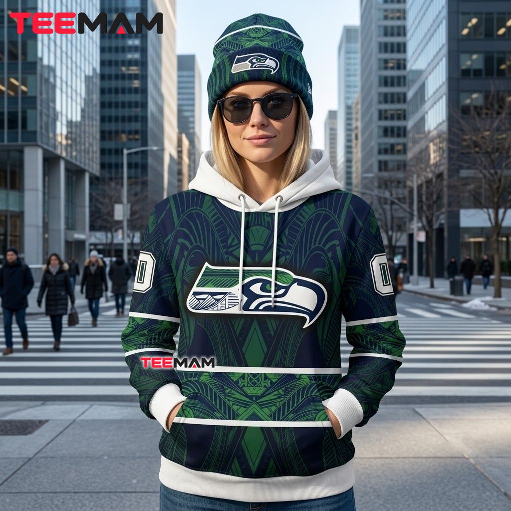 Seattle Seahawks 3D Hoodie Polynesian Tribal Pattern Back Seattle Seahawks 3D Hoodie Polynesian Tribal Pattern Back