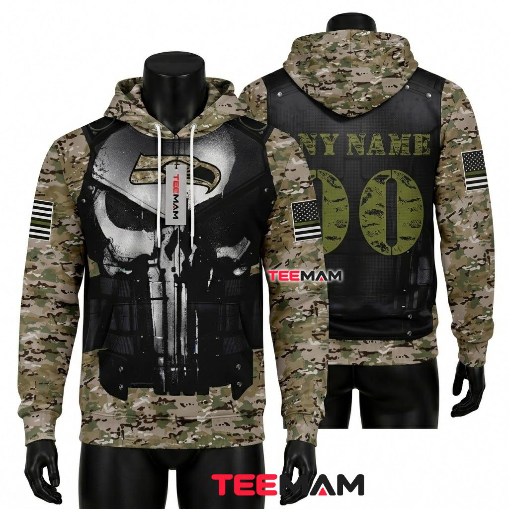 Seattle Seahawks 3D Hoodie Punisher Skull Camo Veteran Front