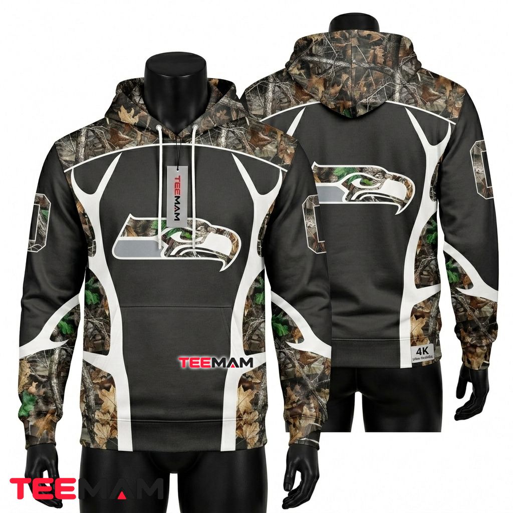 Seattle Seahawks 3D Hoodie Realtree Camo Hunting Antler Front
