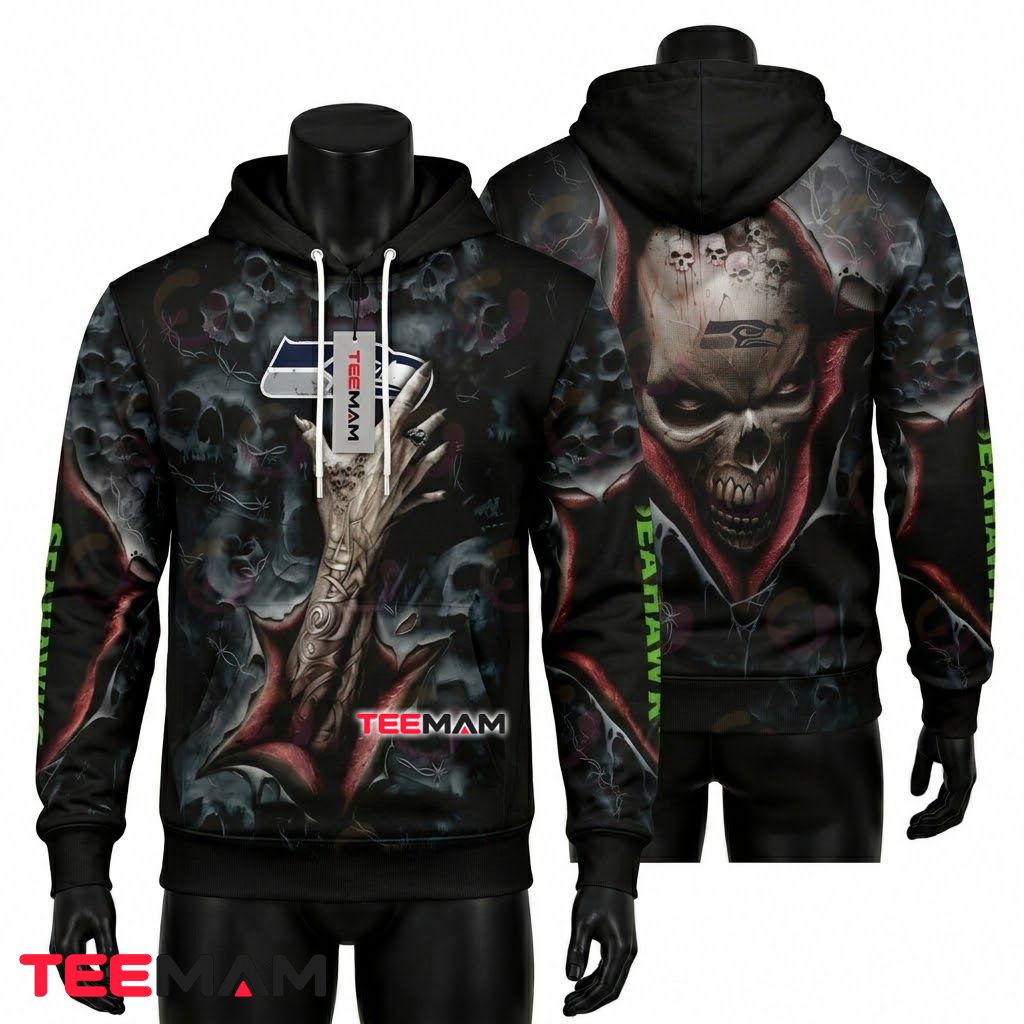 Seattle Seahawks 3D Hoodie Rock Hand Tattoo Skull Fog Front