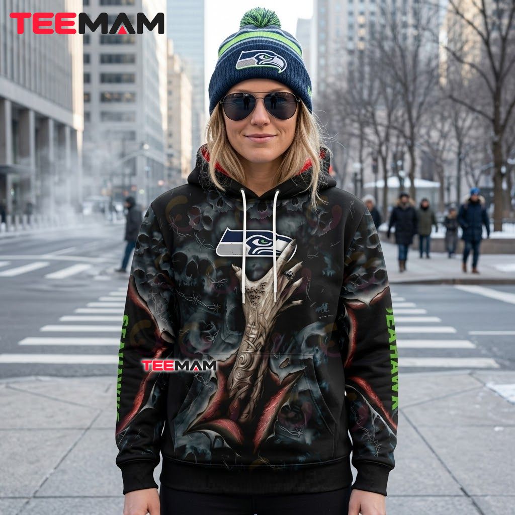 Seattle Seahawks 3D Hoodie Rock Hand Tattoo Skull Fog Back Seattle Seahawks 3D Hoodie Rock Hand Tattoo Skull Fog Back