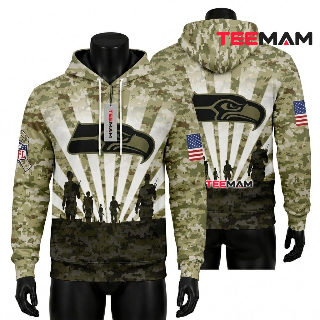 Seattle Seahawks 3D Hoodie Soldier Silhouette Salute Camo Front