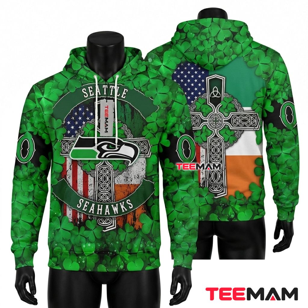 Seattle Seahawks 3D Hoodie St Patrick's Day Celtic Cross Front