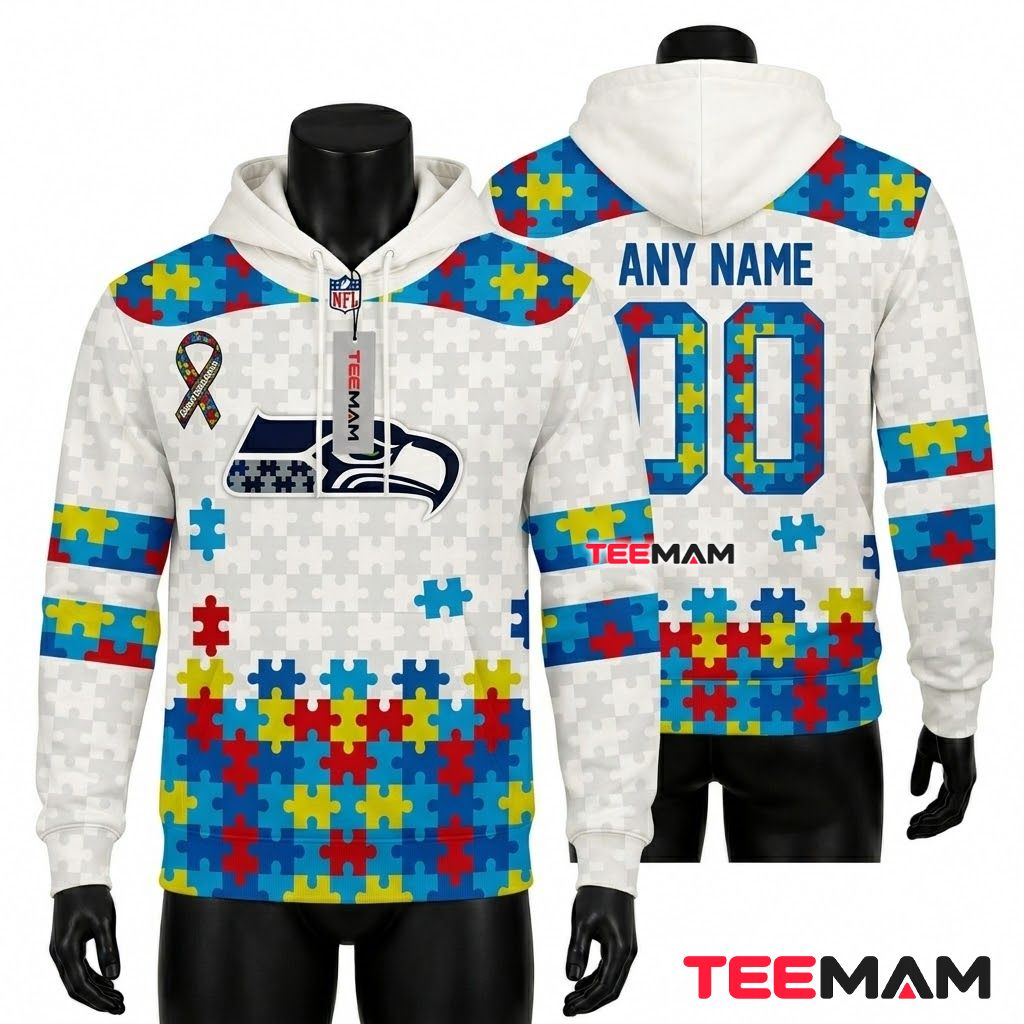 Seattle Seahawks 3D Hoodie White Puzzle Autism Ribbon Front