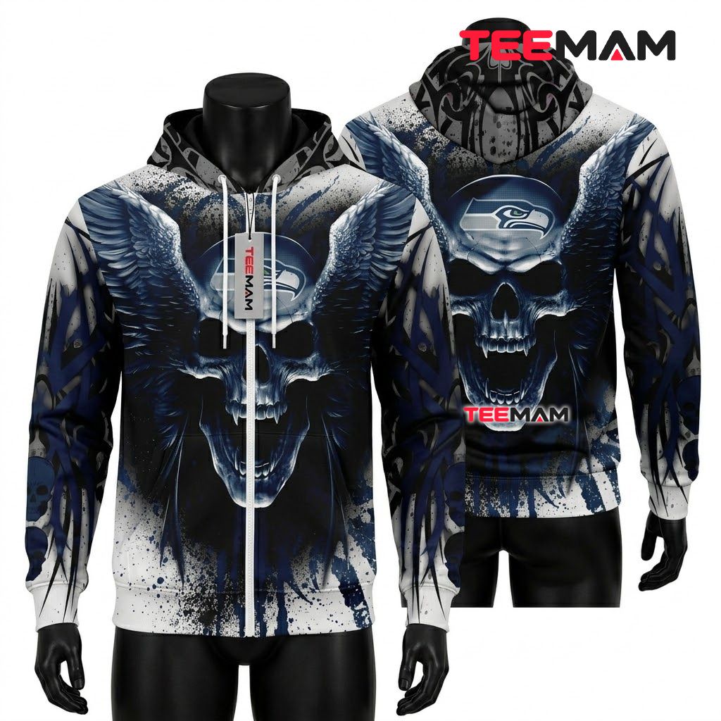 Seattle Seahawks 3D Hoodie Winged Skull Fang Design Front