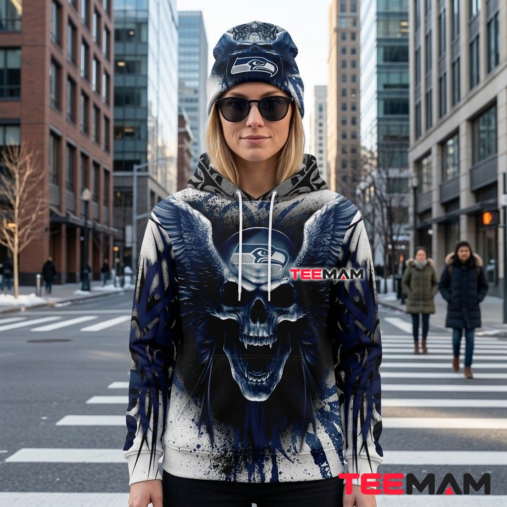 Seattle Seahawks 3D Hoodie Winged Skull Fang Design Back Seattle Seahawks 3D Hoodie Winged Skull Fang Design Back