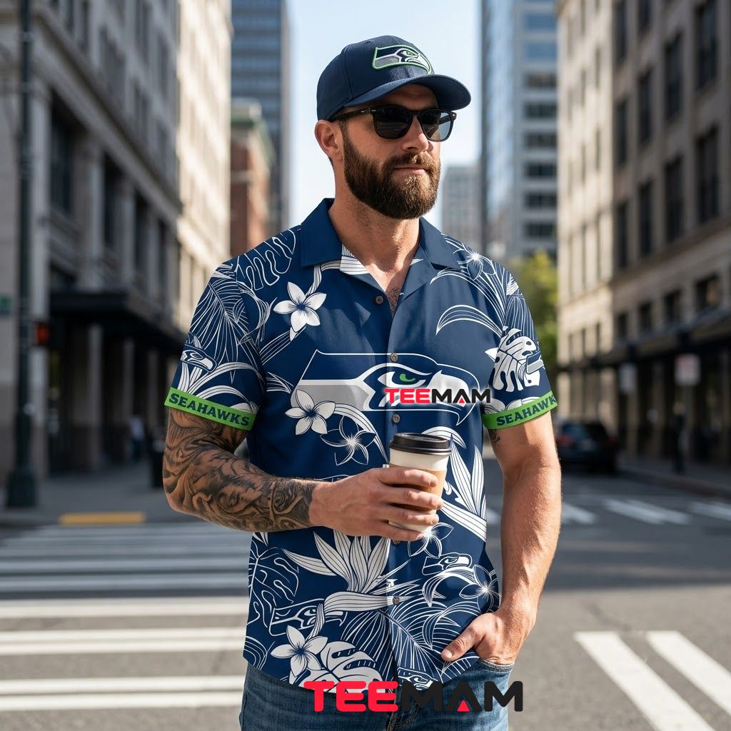 Seattle Seahawks Button Up Shirt Monstera Plumeria Beach Back Seattle Seahawks Button Up Shirt Monstera Plumeria Beach Back