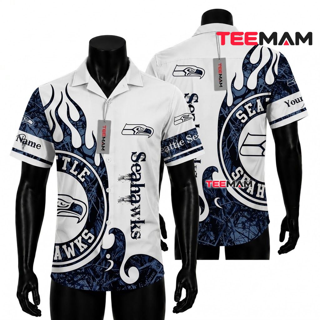 Seattle Seahawks Hawaiian Shirt Flame Grunge Front