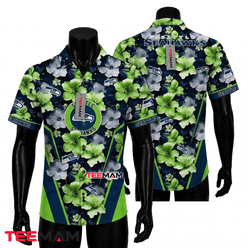 Seattle Seahawks Hawaiian Shirt Neon Hibiscus Front