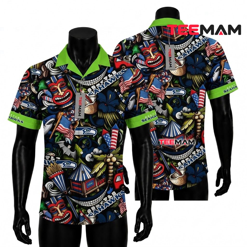 Seattle Seahawks Hawaiian Shirt Tiki Patriotic Front