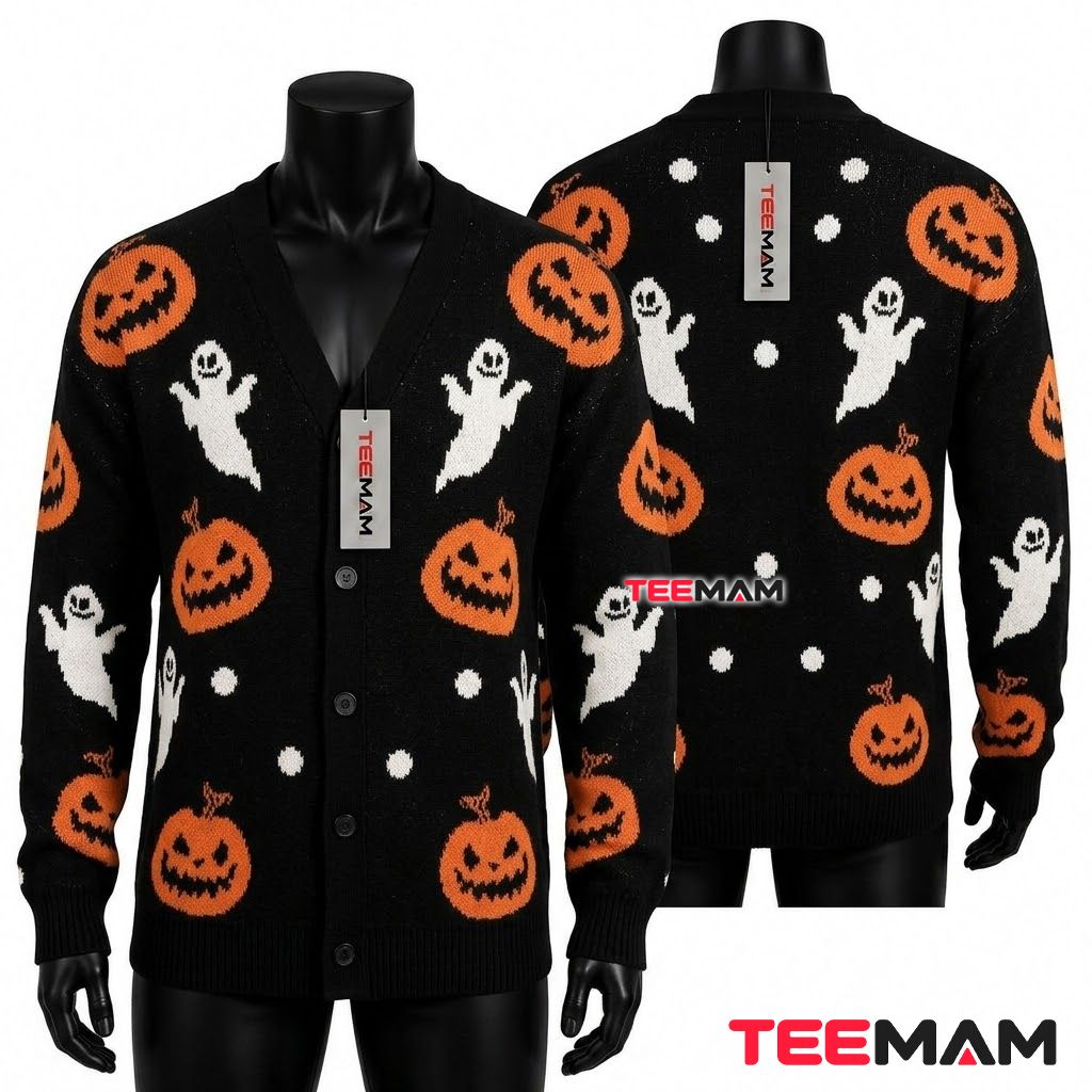 Simple Halloween Cardigan Pumpkin Ghost Print 1