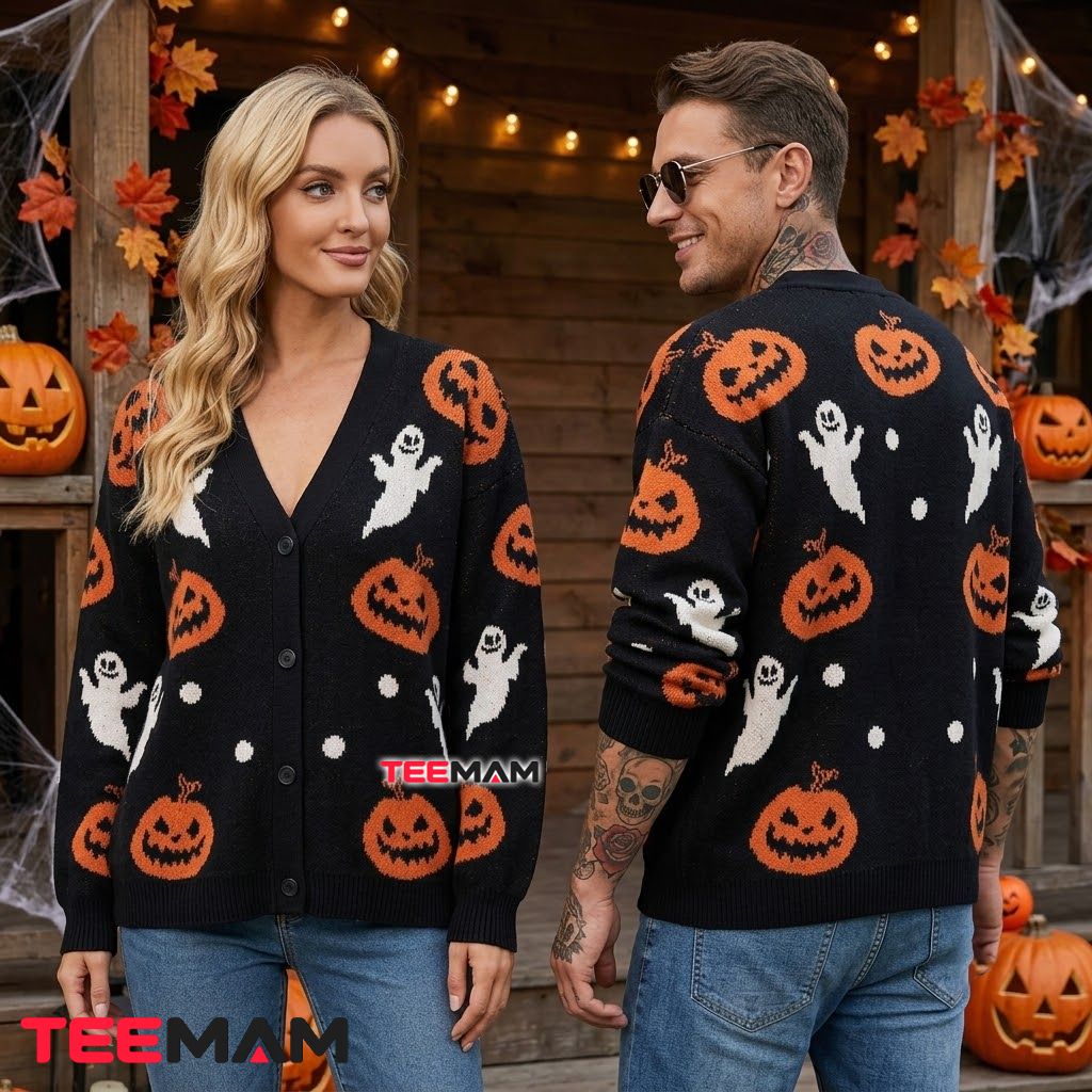 Simple Halloween Cardigan Pumpkin Ghost Print 2 Simple Halloween Cardigan Pumpkin Ghost Print 2