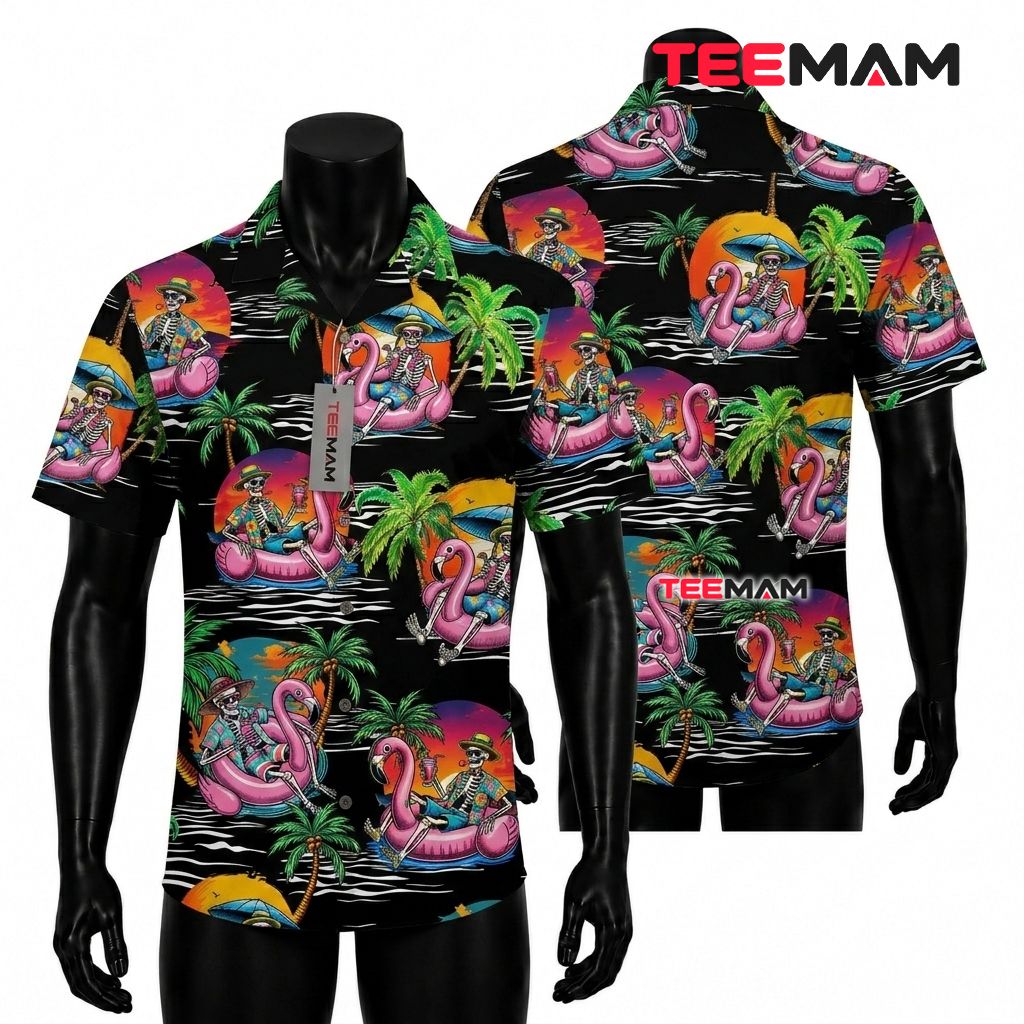 Skeleton Flamingo Hawaiian Shirt Pink Float Tropical Palm Black Front