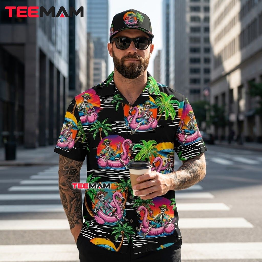 Skeleton Flamingo Hawaiian Shirt Pink Float Tropical Palm Black Back Skeleton Flamingo Hawaiian Shirt Pink Float Tropical Palm Black Back