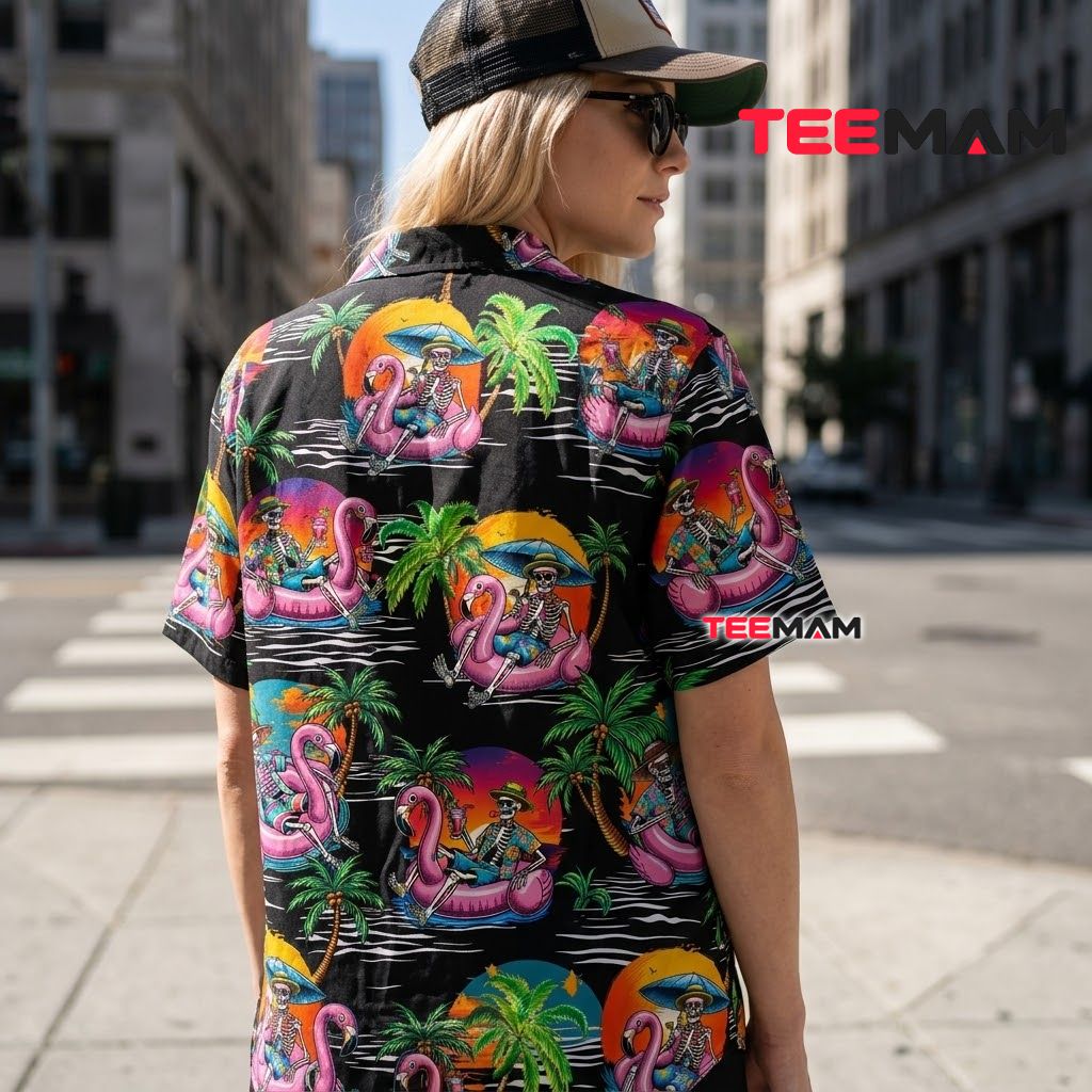 Skeleton Flamingo Hawaiian Shirt Pink Float Tropical Palm Black Version 3 Skeleton Flamingo Hawaiian Shirt Pink Float Tropical Palm Black Version 3