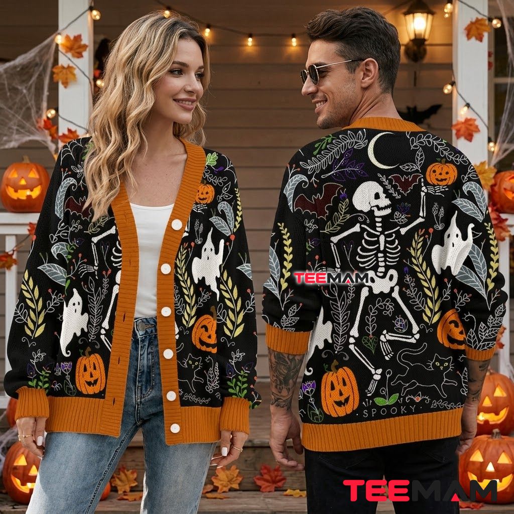 Skeleton Halloween Cardigan Botanical Black Cat Spooky 2 Skeleton Halloween Cardigan Botanical Black Cat Spooky 2