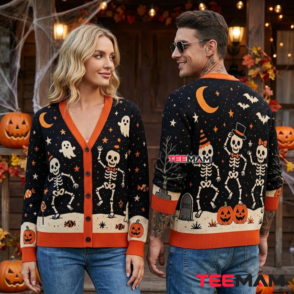 Skeleton Halloween Cardigan Dancing Graveyard Party 2 Skeleton Halloween Cardigan Dancing Graveyard Party 2