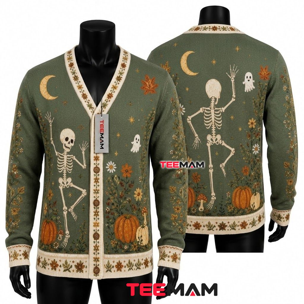 Skeleton Halloween Cardigan Floral Botanical Moon 1
