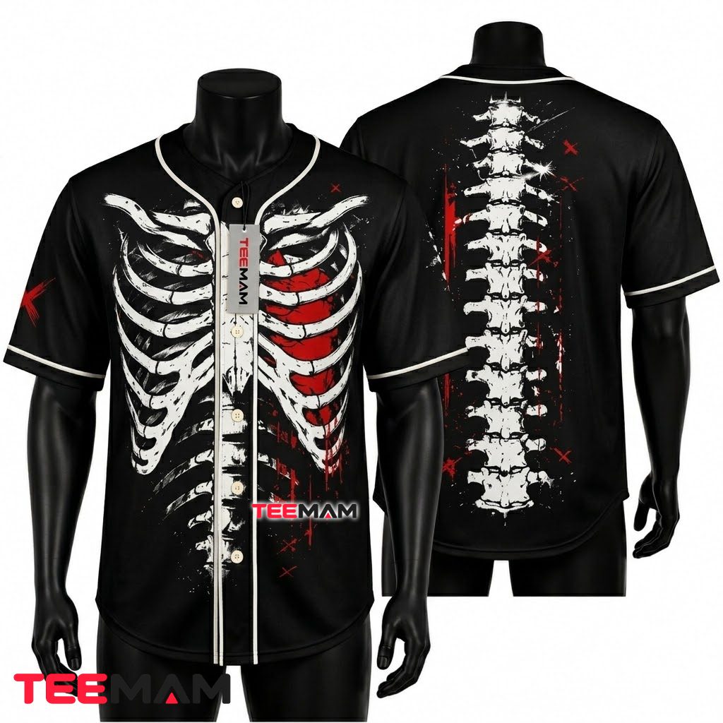 Skeleton Rib Cage Halloween Baseball Jersey Black White 1