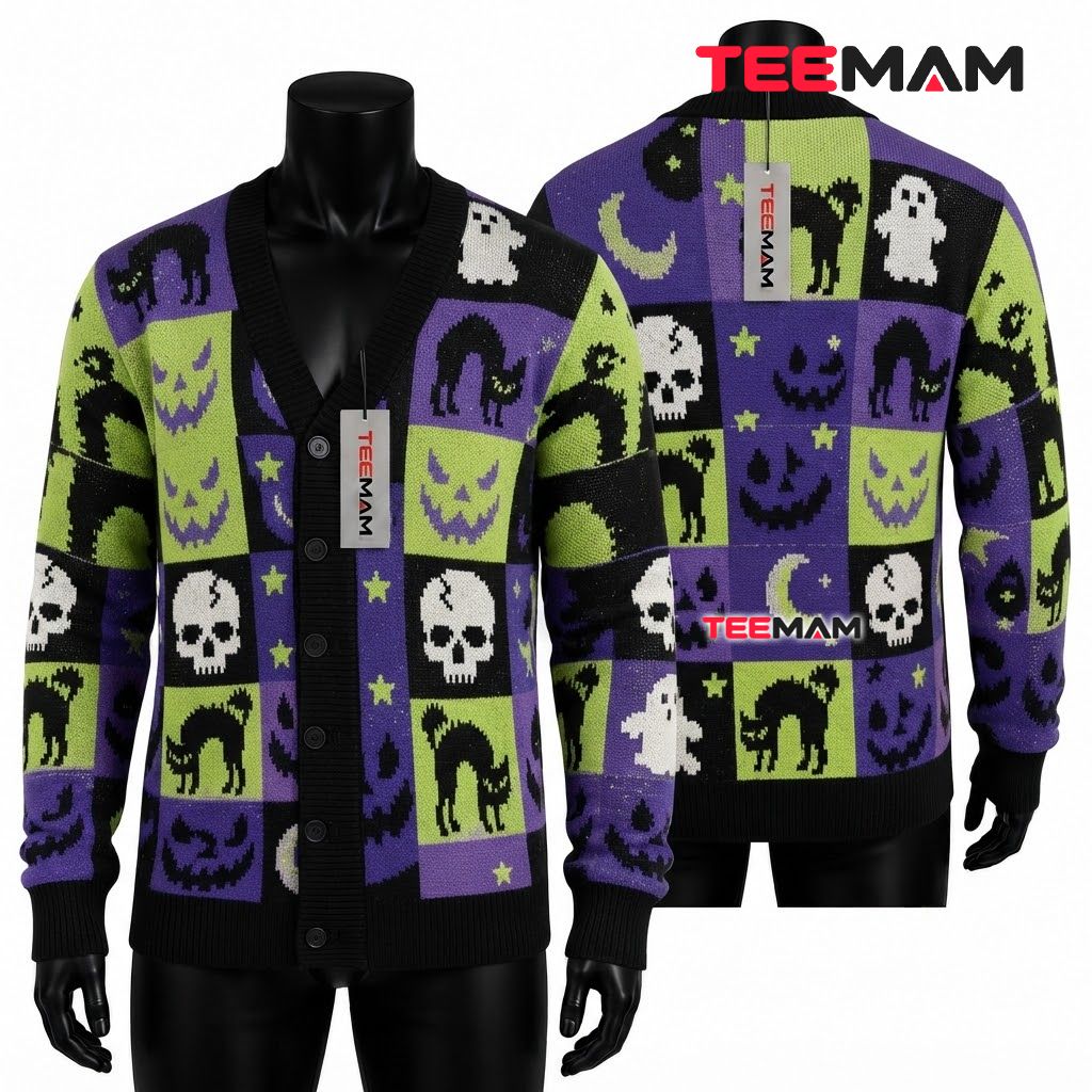 Skull Halloween Cardigan Checker Black Cat Ghost 1