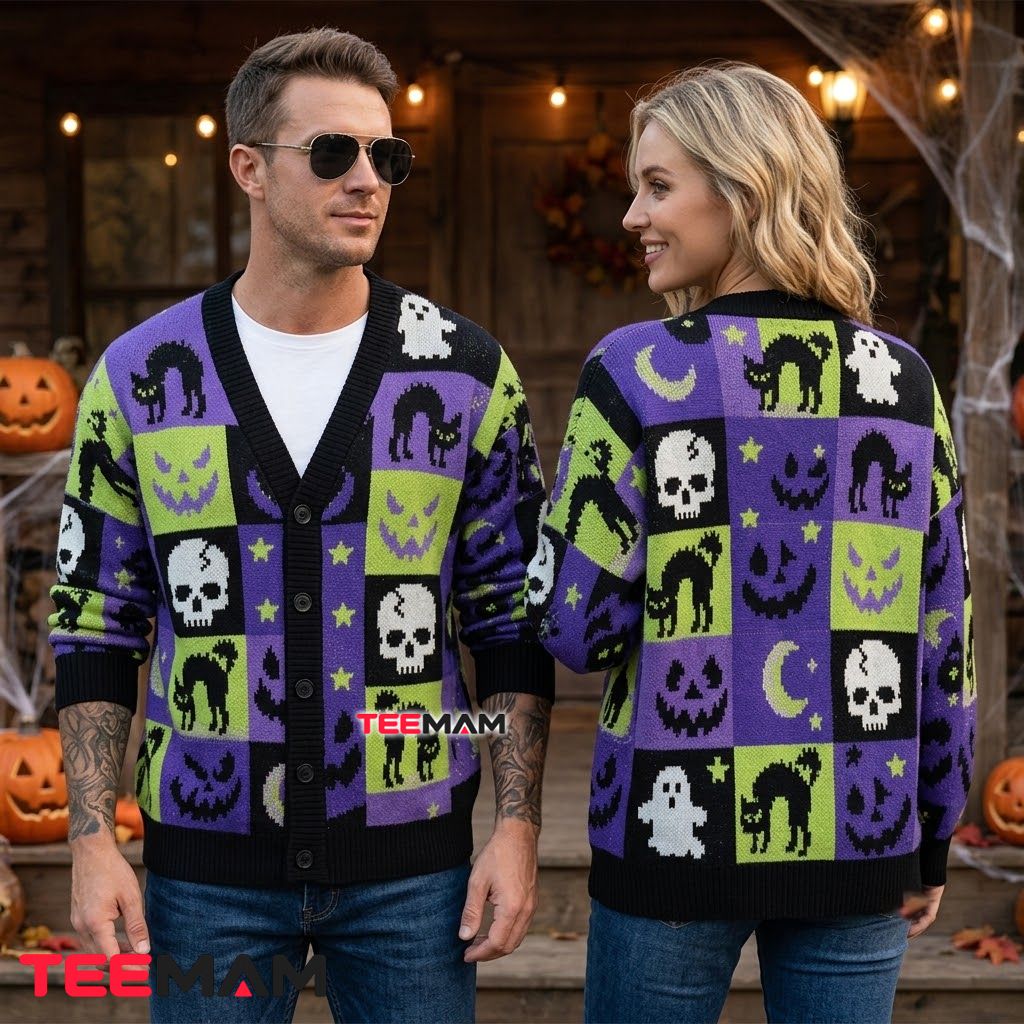 Skull Halloween Cardigan Checker Black Cat Ghost 2 Skull Halloween Cardigan Checker Black Cat Ghost 2