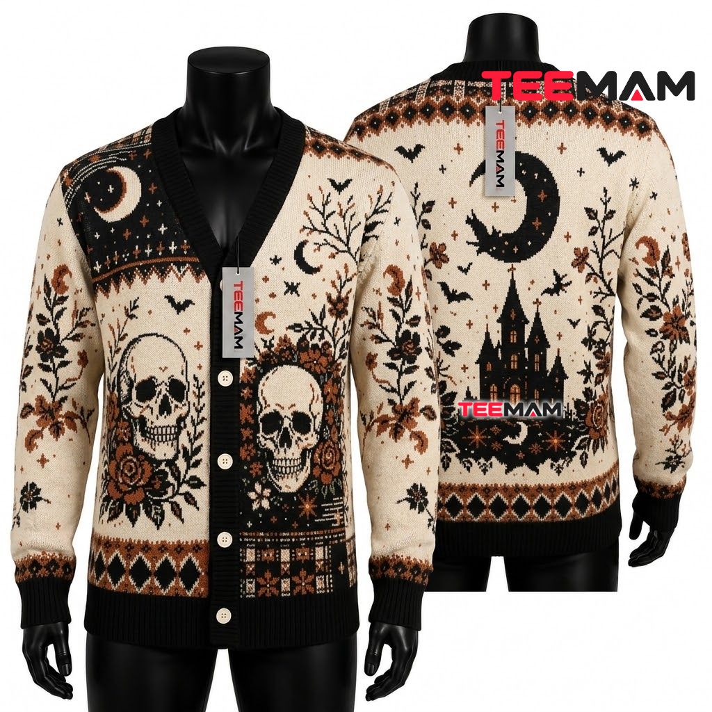 Skull Halloween Cardigan Floral Haunted Castle 1