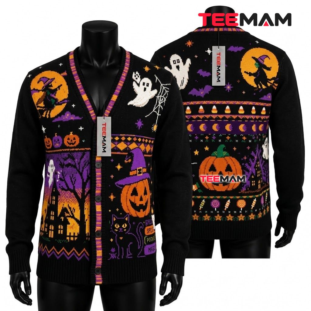 Spells Halloween Cardigan Witch Ghost Pumpkin 1