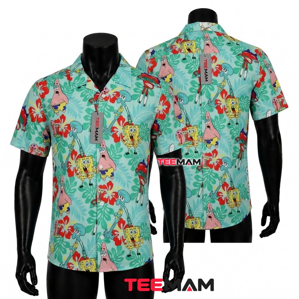 Spongebob Hawaiian Shirt Character Mint Hibiscus Print Front